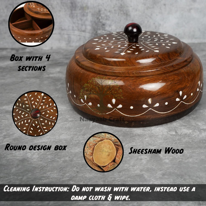 Naayaab Craft Pakka Sheesham Wooden Masala Box 4 Part - Anjarai Petti - Round Design -(19X12) Cm, Brown