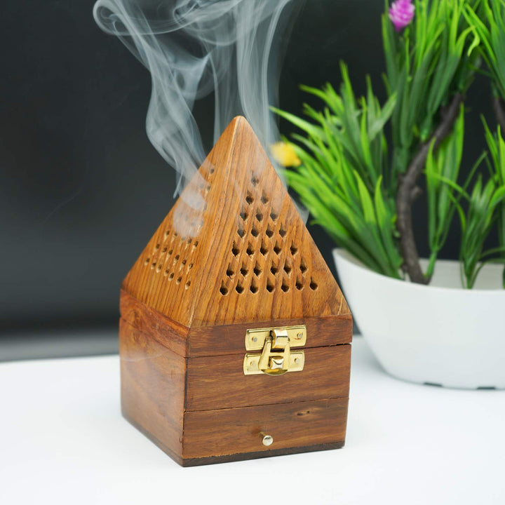 Naayaab Craft Pakka Sheesham Wood Agarbatti Incense Stick Box and Dhoop Stand Ash Catcher Decorative Handicraft Incense Holder - Large (10 x 10 x 18cm)(Conical)