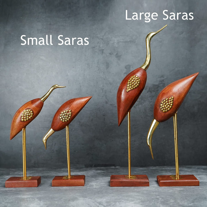 Naayaab Craft Wooden and Brass Saras,Wooden Antique Decorative Saras Swan Crane Love Birds Fantasy Showpiece for Home Decor-Set of 2,Size:- Big(5 X 9 X 29Cm)&Small(5 X 9 X 20Cm)