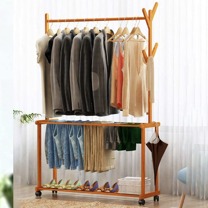 Naayaab Craft Bamboo Rolling Cloth Hanging Rail with 2 Shelves 4 Hooks | Garment Rack for Shoes, Hats and Scarves, in The Hallway, Living Room, Guest Room - Size (100 x 37 x 175cm) Beige
