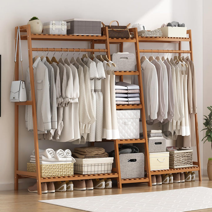 Naayaab Craft Premium Bamboo Clothes Garment Rack Dual Bar Coat Hanger Stand Clothing Storage Multipurpose Portable Wardrobe Closet Organizer Color - Brown (160 x 37 x 141cm)