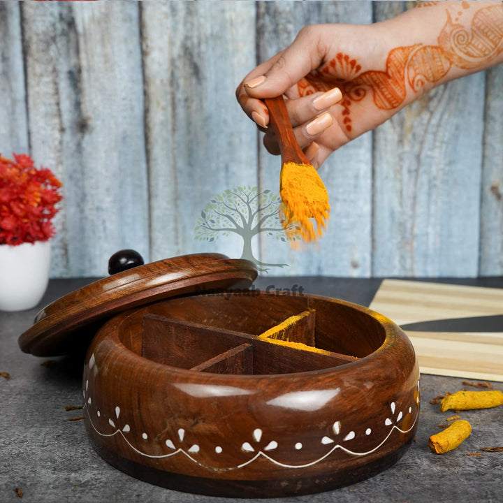Naayaab Craft Pakka Sheesham Wooden Masala Box 4 Part - Anjarai Petti - Round Design -(19X12) Cm, Brown