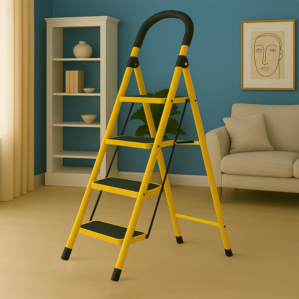 LEOPAX Heavy-Duty Metal 4 Step Lader for Home Use Anti-Slip Wide Steps Multipurpose Strong Step Stool Staircase with Support Handle Foldable Stairs for Home - Yellow