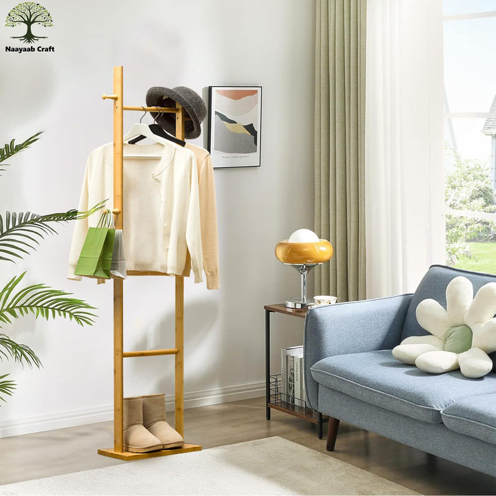 Naayaab Craft Premium Bamboo Wooden Clothes Stand with 3 Hooks & Bottom Shelves for Bedroom, Entryway, Livingroom & Office, Coat Tree Stand Rack for Hat, Scarves & Handbags - (33 x 24 x 163)CM - Beige