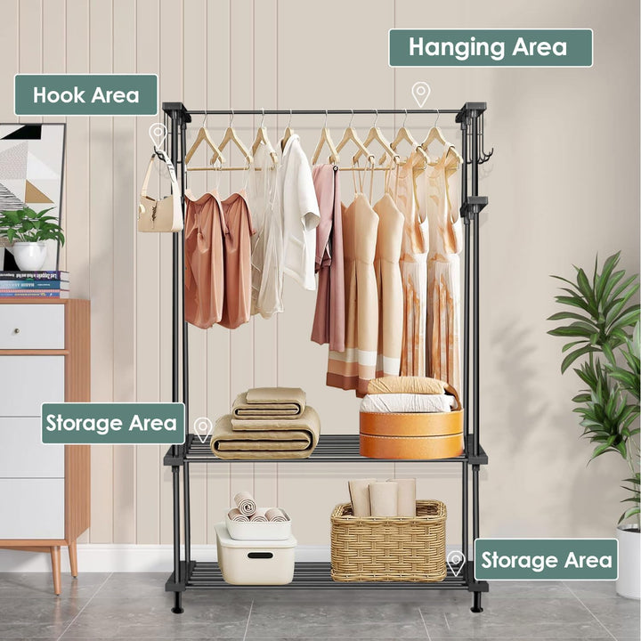 LEOPAX Cloth Rail Garment Rack With 2 Shelves&10 Side Hook With Bottom Shelf And Shoe Clothing Storage Organizer Shelves-Black (84 X 31 X 140Cm, Metal)