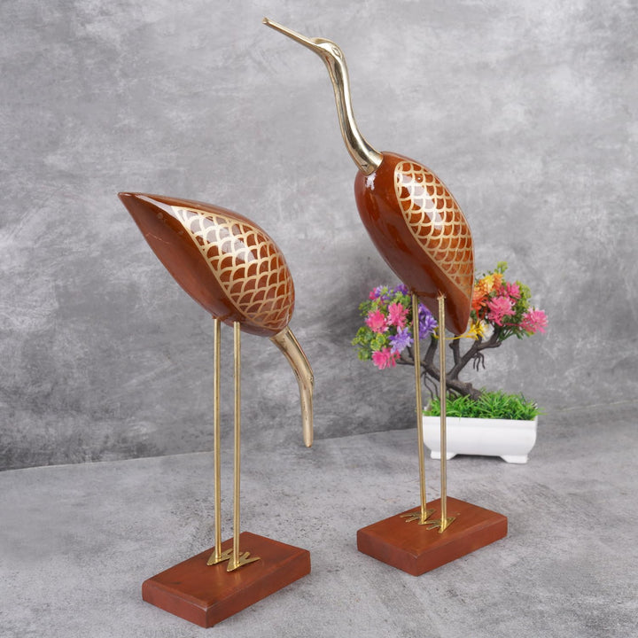 Naayaab Craft Wooden Decorative Items for Home, Brass Swan Crane, Love Birds Showpiece, Antique Decorative Saras for Home Decor - Set of 2 (12inch)