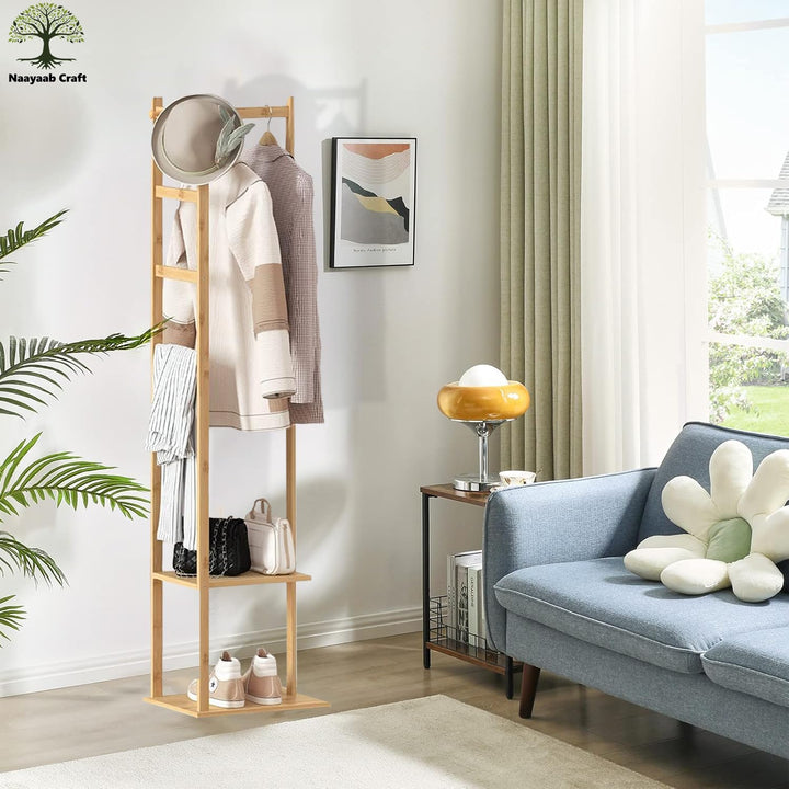Naayaab Craft Freestanding Bamboo Wooden Corner Coat Hanger Stand with 2 Shelf, 3 Trouser Rod & 3 Hooks for Entryway, Living Room, Bedroom & Office (38 x 30 x 160) CM - Beige