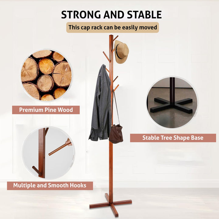 Naayaab Craft Clothes Rack Free Standing Tree Shaped Bamboo Coat Stand with 8 Hooks for Hanging Coats Hats Bag - Cloth Stand (50 x 50 x 151cm) - Dark Brown