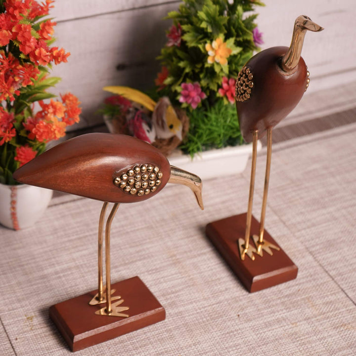 Naayaab Craft Wooden and Brass Saras,Wooden Antique Decorative Saras Swan Crane Love Birds Fantasy Showpiece for Home Decor-Set of 2,Size:- Big(5 X 9 X 29Cm)&Small(5 X 9 X 20Cm)