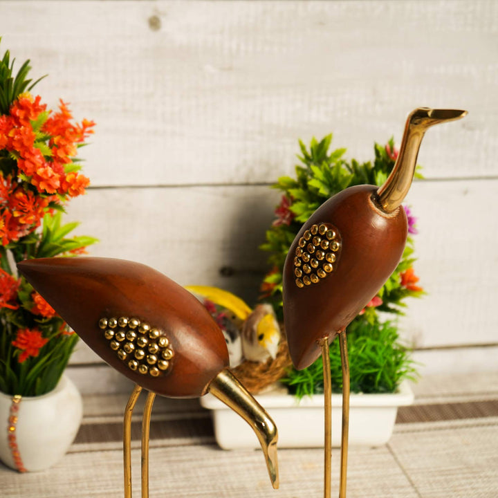 Naayaab Craft Wooden and Brass Saras,Wooden Antique Decorative Saras Swan Crane Love Birds Fantasy Showpiece for Home Decor-Set of 2,Size:- Big(5 X 9 X 29Cm)&Small(5 X 9 X 20Cm)