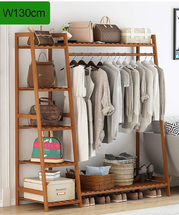 Naayaab Craft Bamboo Clothes Rack Heavy Duty Garment Stand Coat Hanging Stand, 5 Tier Storage Shelves Closet Organizer for Bedroom, Living Room & Entryway - (Size : 130 * 40 * 140cm)