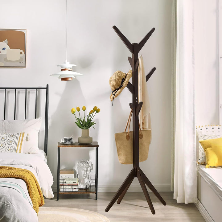 Naayaab Craft Coat Rack Free Standing Bamboo Coat Stand with 8 Hooks For Organize Hats Scarves, Clothes, Handbags for Entry Hallway Bedroom Reception Room - Dark Brown - Size (45 x 45 x 175 cm)