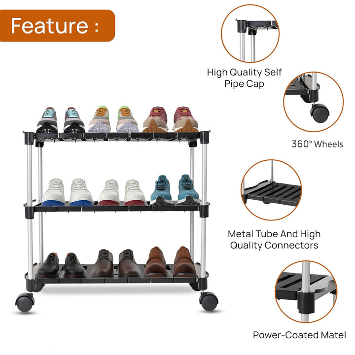 LEOPAX Metal Shoe Rack Organizer, 3 Tier Adjustable & Stackable Metal Iron Shoe Shelf, Shoe Storage Organizer for Closet Bedroom Entryway - Black (62 x 31 x 56cm)
