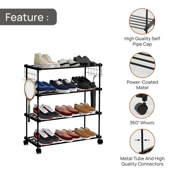 LEOPAX Shoe Rack, Multi Pairs Shoe Storage Organizer, 4 Tiers Shoe Stand, Easy Assembly Stackable Sturdy Shoe Tower with 2 Hooks, Metal Shoe Shelf, Closet, Bedroom - Black (85 x 31 x 83cm)