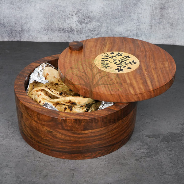 Naayaab Craft Premium Handcrafted Solid Sheesham Wood Casserole for Roti Casserole for Kitchen with Lid - (20 x 20 x 10cm, Brown)