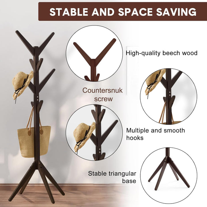 Naayaab Craft Coat Rack Free Standing Bamboo Coat Stand with 8 Hooks For Organize Hats Scarves, Clothes, Handbags for Entry Hallway Bedroom Reception Room - Dark Brown - Size (45 x 45 x 175 cm)