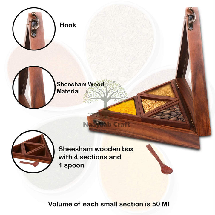 Naayaab Craft Sheesham Wooden Masala Spice Box with Spoon - Anjarai Petti - Spice Box - Triangular Design