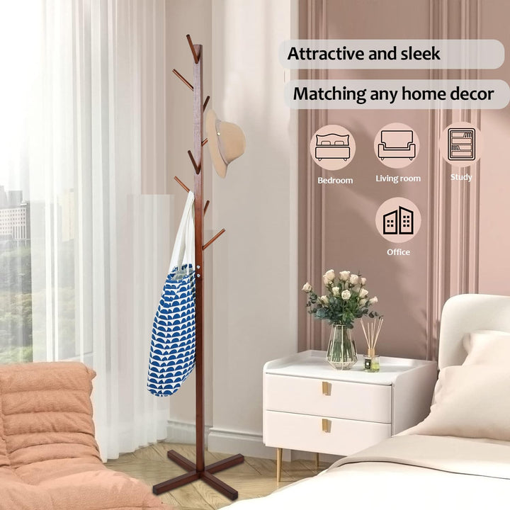Naayaab Craft Clothes Rack Free Standing Tree Shaped Bamboo Coat Stand with 8 Hooks for Hanging Coats Hats Bag - Cloth Stand (50 x 50 x 151cm) - Dark Brown