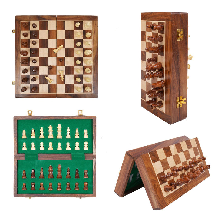 Naayaab Craft Premium Wooden Magnetic Chess Board Game Set, Foldable Chess Board with 32 Magnetic Pieces for Adults and Kids - 10Inch