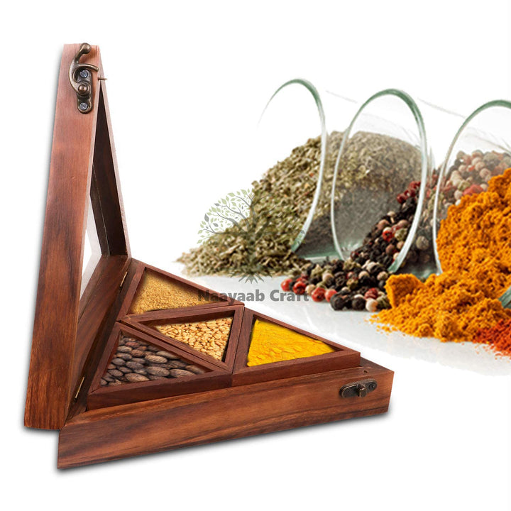 Naayaab Craft Sheesham Wooden Masala Spice Box with Spoon - Anjarai Petti - Spice Box - Triangular Design