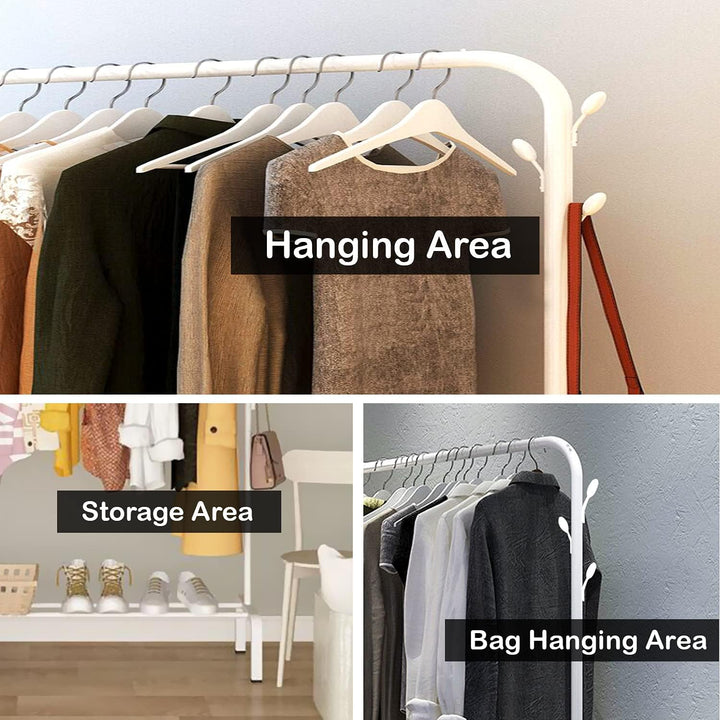 LEOPAX Heavy Duty Metal Coat Garment Rack with 6 Hooks, Top Rod and Lower Storage Shelf for Bedroom, Living Room and Entryway - (White) Size (107 x 40 x 150cm)