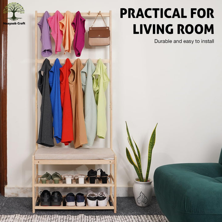 Naayaab Craft Freestanding Bamboo Coat Rack with Shoe Bench with 12 Coat Hooks and 2 Shoe Storage Shelves for Living Room - (70 x 31 x 172 cm) - Beige