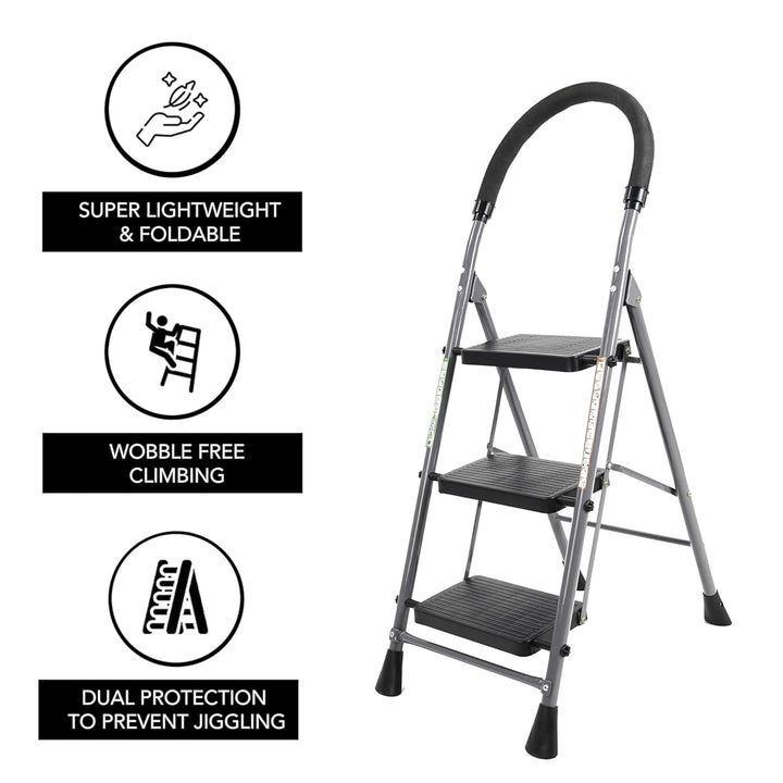 Naayaab Craft Step Stool Folding 3 Step Ladder | Heavy Duty Metal Iron Sturdy Wide Pedal | Lightweight | Anti-Slip | Portable & Collapsible | Step Ladder Perfect for Kitchen & Household