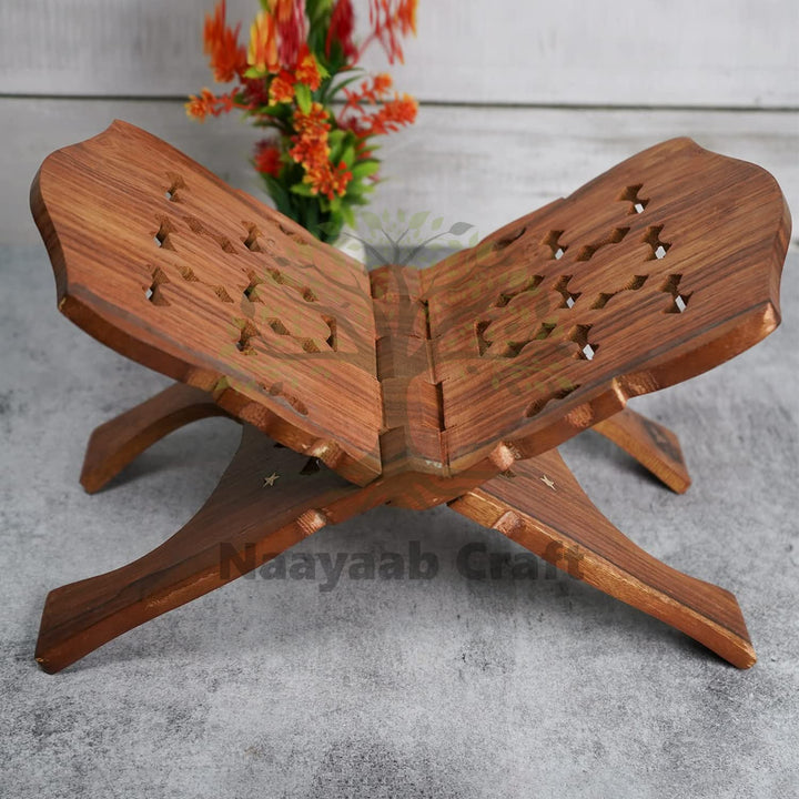 Naayaab Craft Handmade & Handcraft Rehal Sheesham Wood Holy Book Stand Holder for Bible, Geeta, Quran in Folding and Carved Design Book Holder Display Stand - Size (15 Inch)