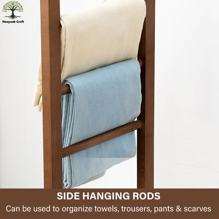 Naayaab Craft Premium Bamboo Wooden Coat Rack Stand with 6 Hooks, 4 Trouser Racks & 2 Storage Shelf, Multipurpose Freestanding Storage Organiser Garment Stand (36 x 36 x 168) CM - Light Brown
