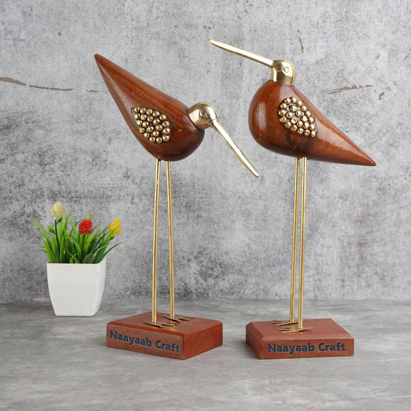 Naayaab Craft Rose Wood and Brass Swan Crane, Decorative Love Birds Showpiece, Antique Saras for Home Decor - Set of 2 (12inch), Bird
