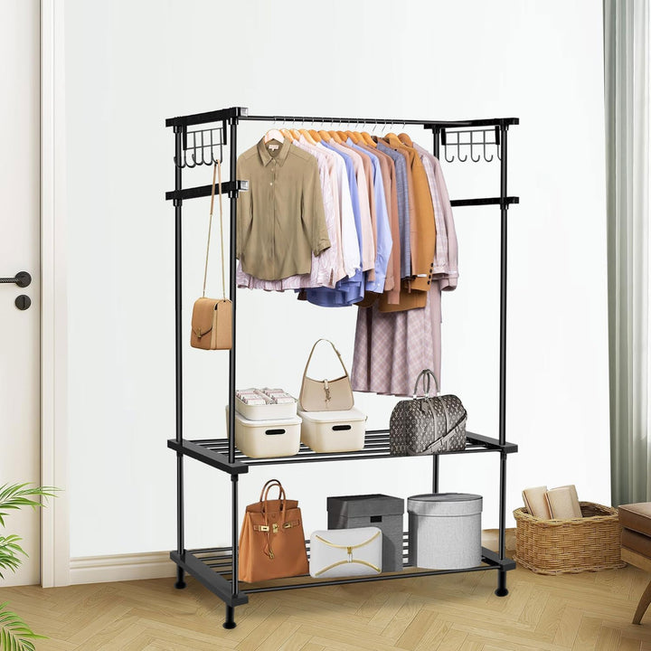 LEOPAX Cloth Rail Garment Rack With 2 Shelves&10 Side Hook With Bottom Shelf And Shoe Clothing Storage Organizer Shelves-Black (84 X 31 X 140Cm, Metal)