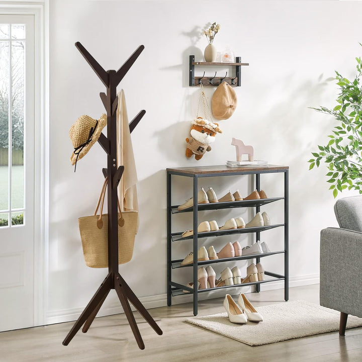 Naayaab Craft Coat Rack Free Standing Bamboo Coat Stand with 8 Hooks For Organize Hats Scarves, Clothes, Handbags for Entry Hallway Bedroom Reception Room - Dark Brown - Size (45 x 45 x 175 cm)