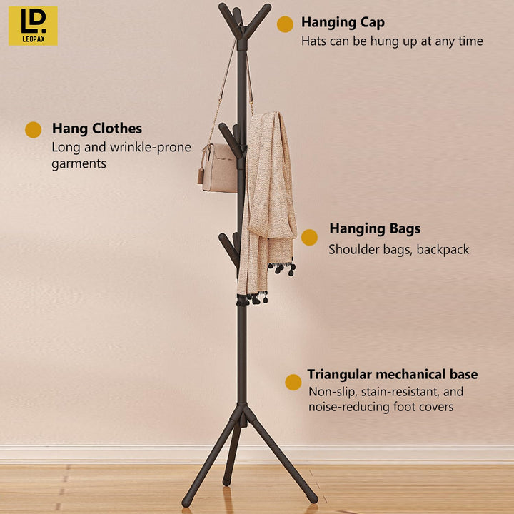 LEOPAX Metal 9 Hook Coat Hanger Stand for Hanging Clothes, Hats, Bag, Umbrella, Towels |Tree Standing Clothes Stand|Garment Rack, Modern Coat Stand for Home Living Room - Black, 450 x 450 x 1680 mm