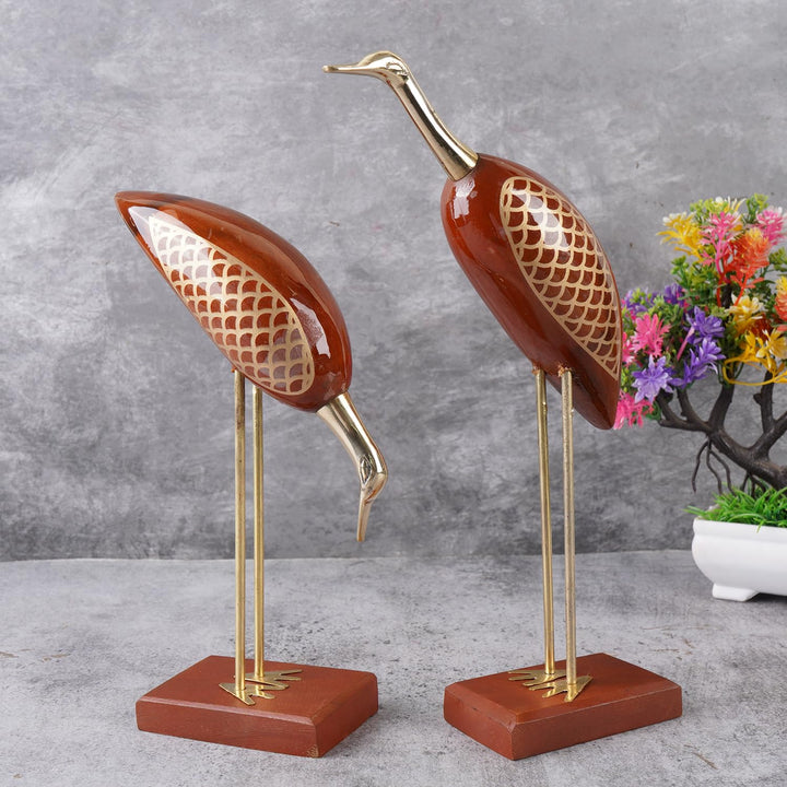Naayaab Craft Wooden Decorative Items for Home, Brass Swan Crane, Love Birds Showpiece, Antique Decorative Saras for Home Decor - Set of 2 (12inch)
