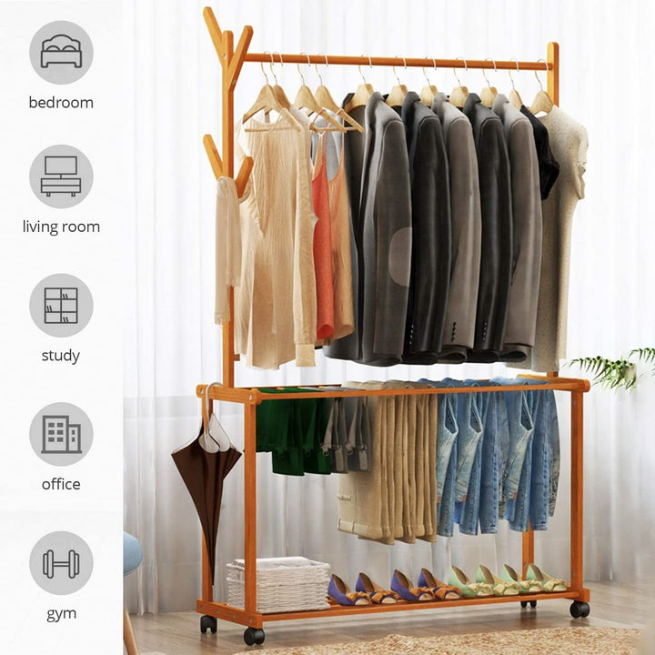 Naayaab Craft Bamboo Rolling Cloth Hanging Rail with 2 Shelves 4 Hooks | Garment Rack for Shoes, Hats and Scarves, in The Hallway, Living Room, Guest Room - Size (100 x 37 x 175cm) Beige