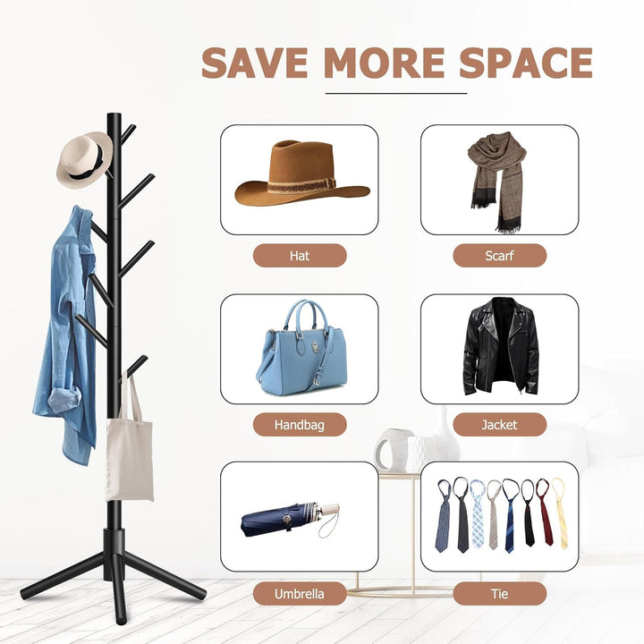 LEOPAX Premium Bamboo Wooden Coat Rack Stand, Freestanding Clothes Rack with 8 Hooks,Garment Stand for Coats, Hats, Scarves & Handbags Dress Hanging Stand - (50 x 50 x 170) CM - Black