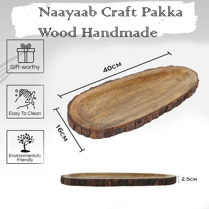 Naayaab Craft Mango Wood Handmade & Handcrafted Wooden Serving Tray (40 X 16 X 2 5 Cm)-Papaya Design Wooden Tray, Oval