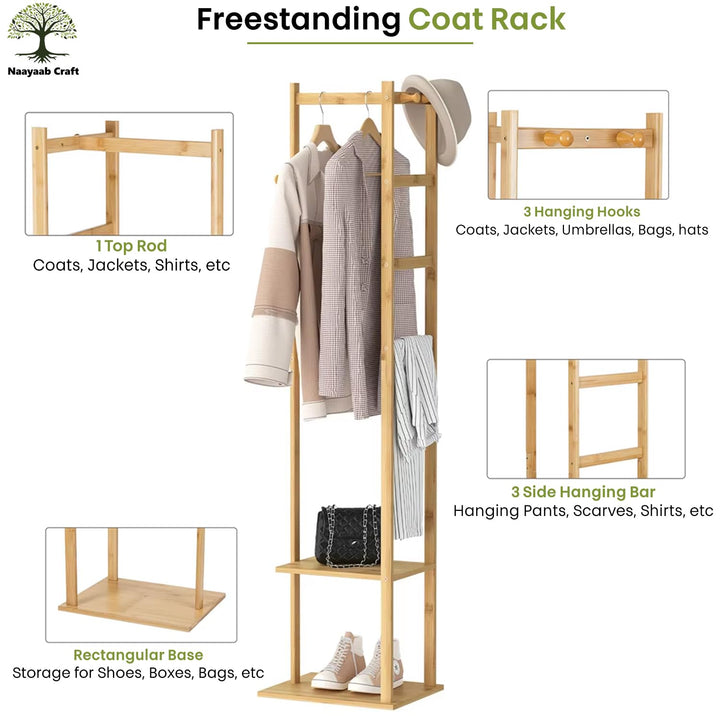 Naayaab Craft Freestanding Bamboo Wooden Corner Coat Hanger Stand with 2 Shelf, 3 Trouser Rod & 3 Hooks for Entryway, Living Room, Bedroom & Office (38 x 30 x 160) CM - Beige