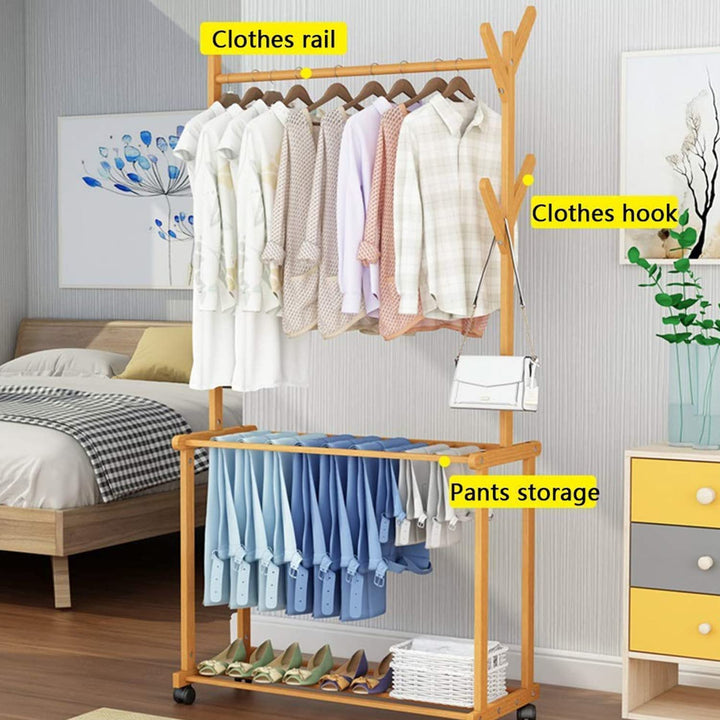 Naayaab Craft Bamboo Rolling Cloth Hanging Rail with 2 Shelves 4 Hooks | Garment Rack for Shoes, Hats and Scarves, in The Hallway, Living Room, Guest Room - Size (100 x 37 x 175cm) Beige