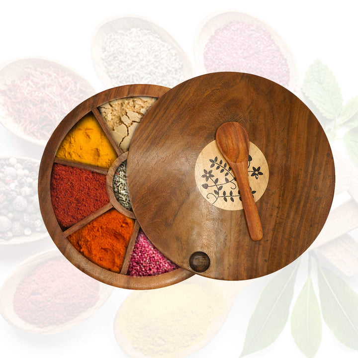 Naayaab Craft Sheesham Wooden Masala Box With Spoon - Spin Round Design - 10 inch