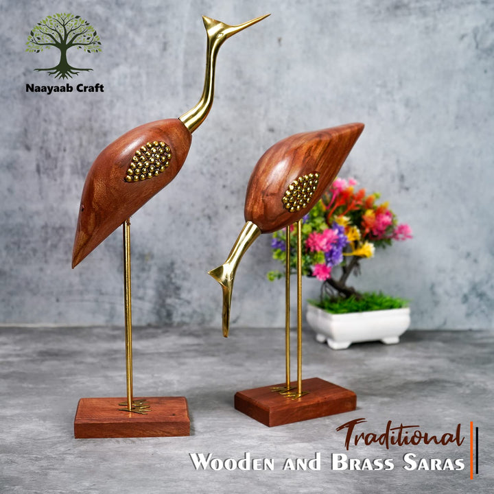 Naayaab Craft Good Luck Swan Home Decor Showpiece, Idols, Figurine for Home Office Décor,Love Bird Saras Made of Pakka Sheesham Wood and Brass - (Maroon, 12inch) Set of 2, Love