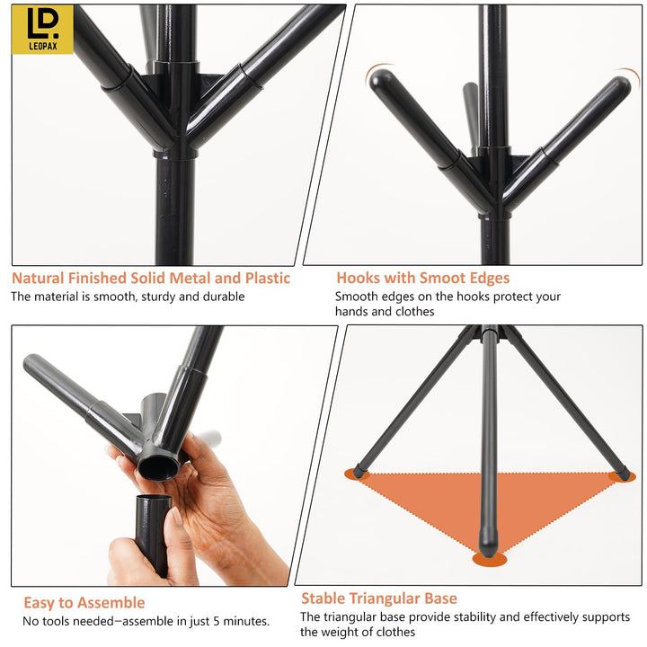 LEOPAX Metal 9 Hook Coat Hanger Stand for Hanging Clothes, Hats, Bag, Umbrella, Towels |Tree Standing Clothes Stand|Garment Rack, Modern Coat Stand for Home Living Room - Black, 450 x 450 x 1680 mm