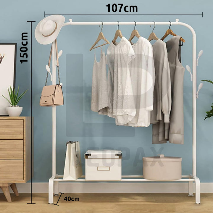 LEOPAX Heavy Duty Metal Coat Garment Rack with 6 Hooks, Top Rod and Lower Storage Shelf for Bedroom, Living Room and Entryway - (White) Size (107 x 40 x 150cm)