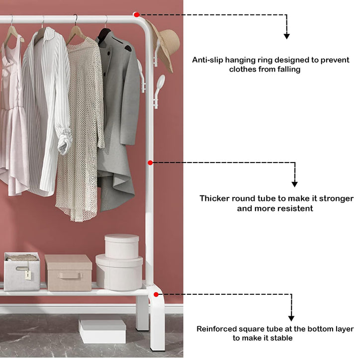 LEOPAX Heavy Duty Metal Coat Garment Rack with 6 Hooks, Top Rod and Lower Storage Shelf for Bedroom, Living Room and Entryway - (White) Size (107 x 40 x 150cm)