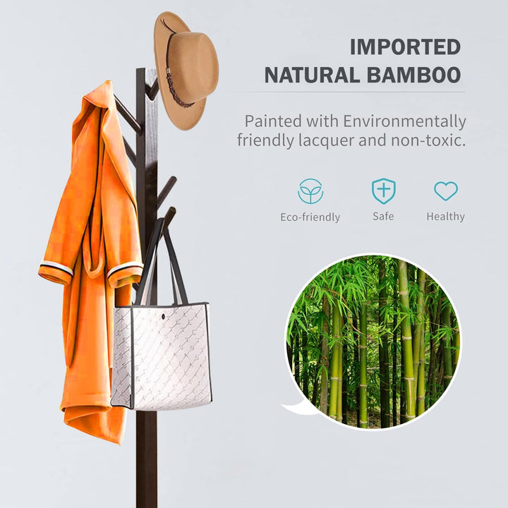 Naayaab Craft Clothes Rack Free Standing Tree Shaped Bamboo Coat Stand with 8 Hooks for Hanging Coats Hats Bag - Cloth Stand (50 x 50 x 151cm) - Dark Brown