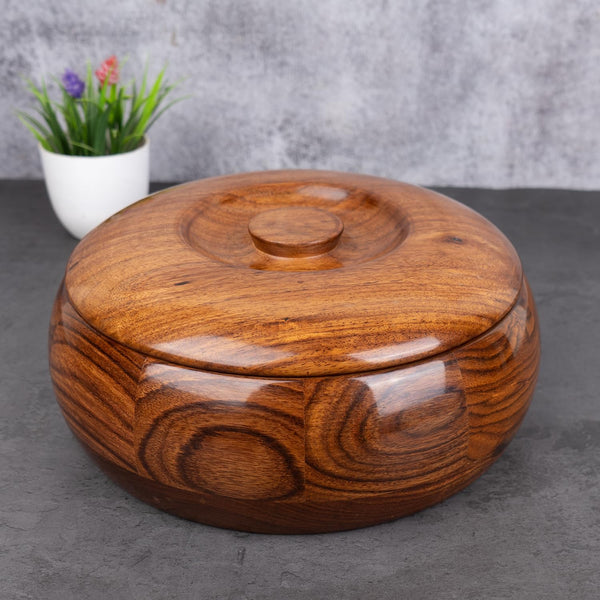 Naayaab Craft Pakka Sheesham Wood Round Chapati Box, Roti Storage Container, Casserole For Roti Dabba with Lid - Dusky Brown - 21 x 21 x 10cm