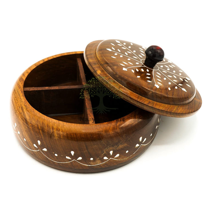 Naayaab Craft Pakka Sheesham Wooden Masala Box 4 Part - Anjarai Petti - Round Design -(19X12) Cm, Brown