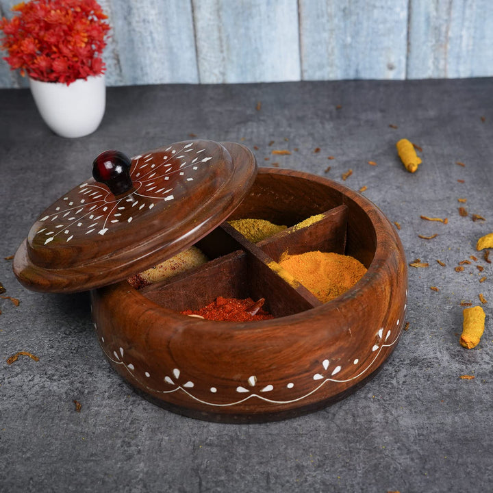 Naayaab Craft Pakka Sheesham Wooden Masala Box 4 Part - Anjarai Petti - Round Design -(19X12) Cm, Brown