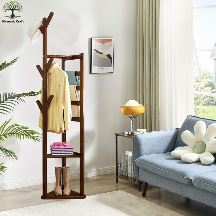 Naayaab Craft Premium Bamboo Wooden Coat Rack Stand with 6 Hooks, 4 Trouser Racks & 2 Storage Shelf, Multipurpose Freestanding Storage Organiser Garment Stand (36 x 36 x 168) CM - Light Brown