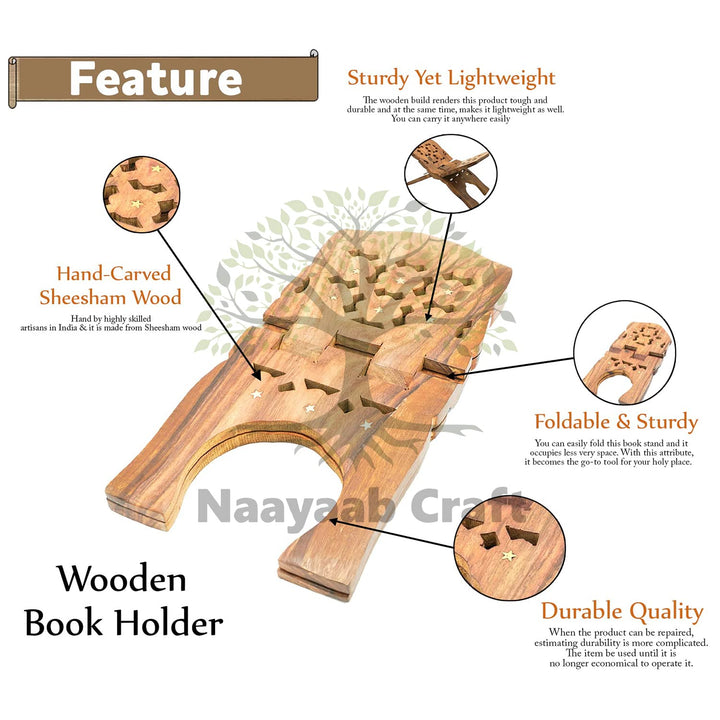 Naayaab Craft Handmade & Handcraft Rehal Sheesham Wood Holy Book Stand Holder for Bible, Geeta, Quran in Folding and Carved Design Book Holder Display Stand - Size (15 Inch)